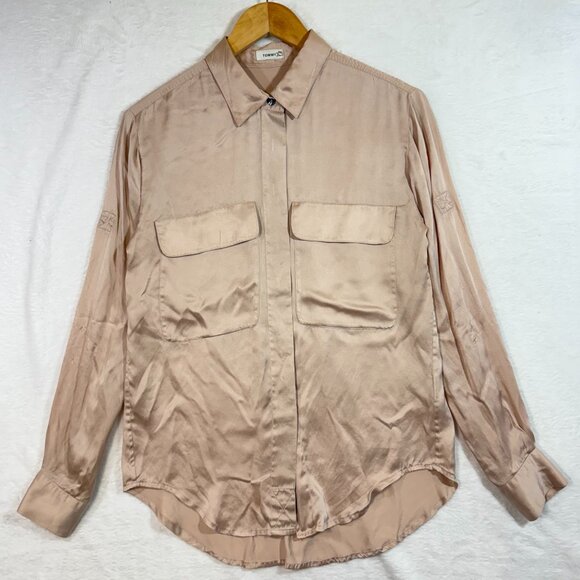 Tommy Hilfiger XS Silk Satin Blush Pink Buttoned Top Romantic Minimalist Office‎ - Picture 1 of 10